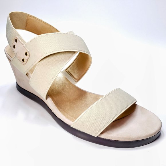 Stuart Weitzman Wedge Suede Heel Elastic Ankle Strap Beige Sandals Womens 8.5 M